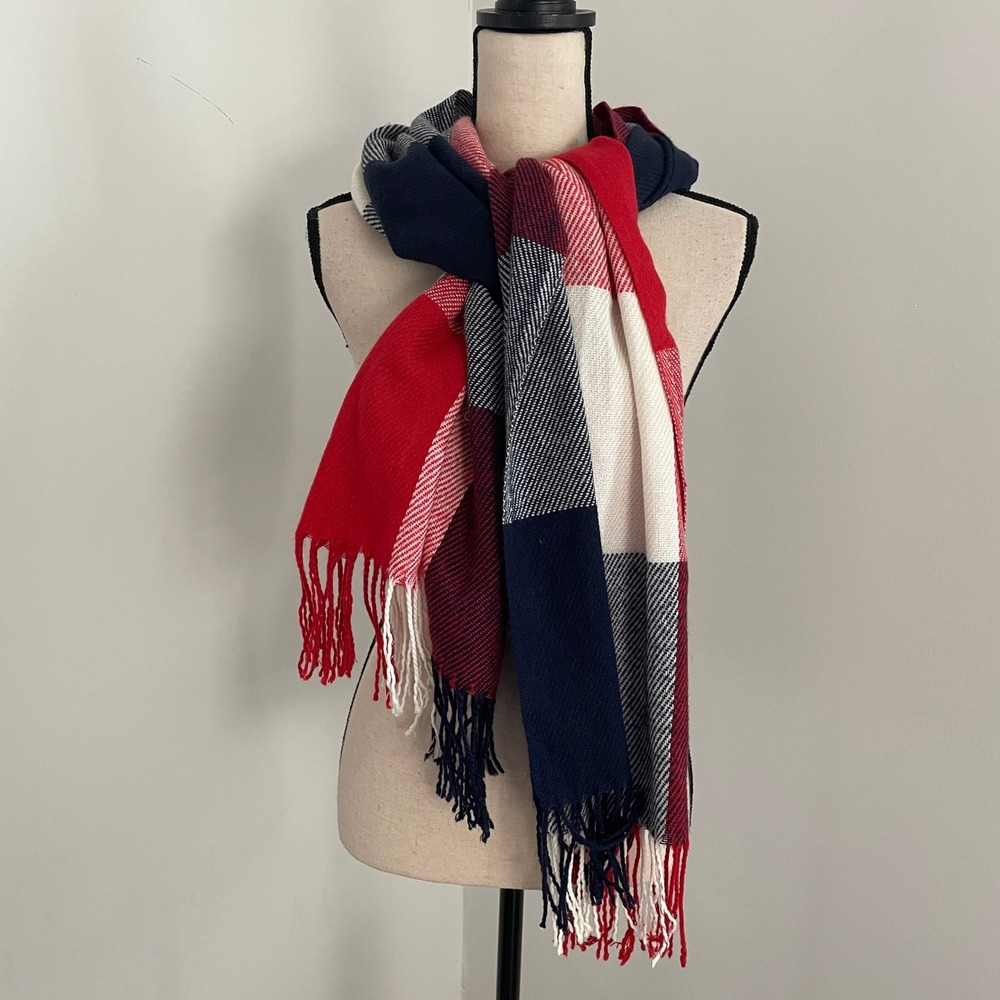 Blanket Scarf Plaid Warm Winter Shawl Wrap Fringe Red Navy USA‎ Preppy Holiday